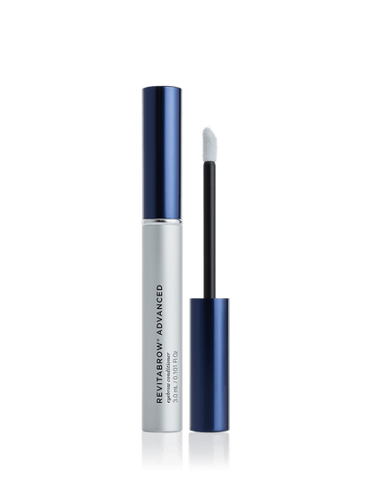 A bottle of RevitaBrow Advanced eyebrow conditioning serum with a applicator wand, isolated on a white background.