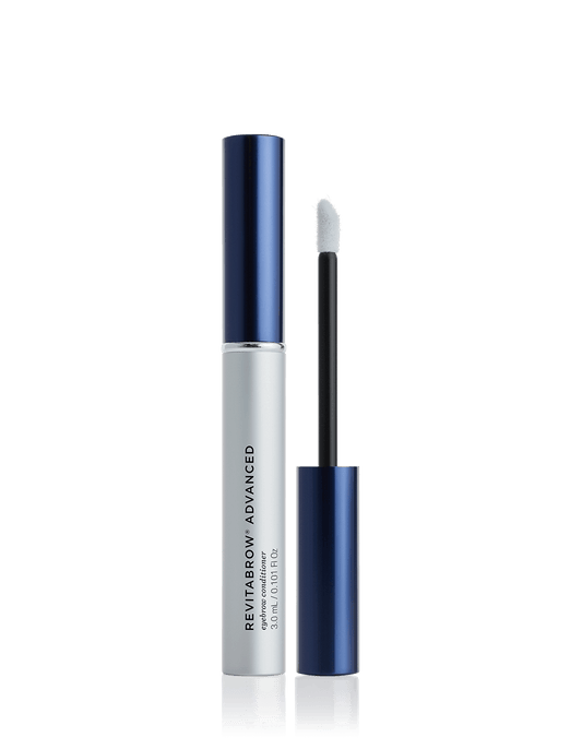 A bottle of RevitaBrow Advanced eyebrow conditioning serum with a applicator wand, isolated on a white background.
