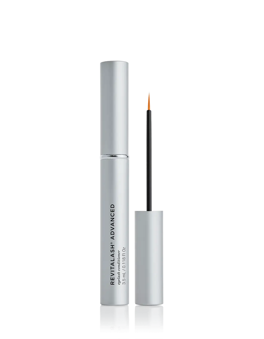 A bottle of RevitaLash Advanced eyelash conditioning serum with the brand name displayed prominently on the packaging. The product is shown with the cap off, revealing the applicator wand.